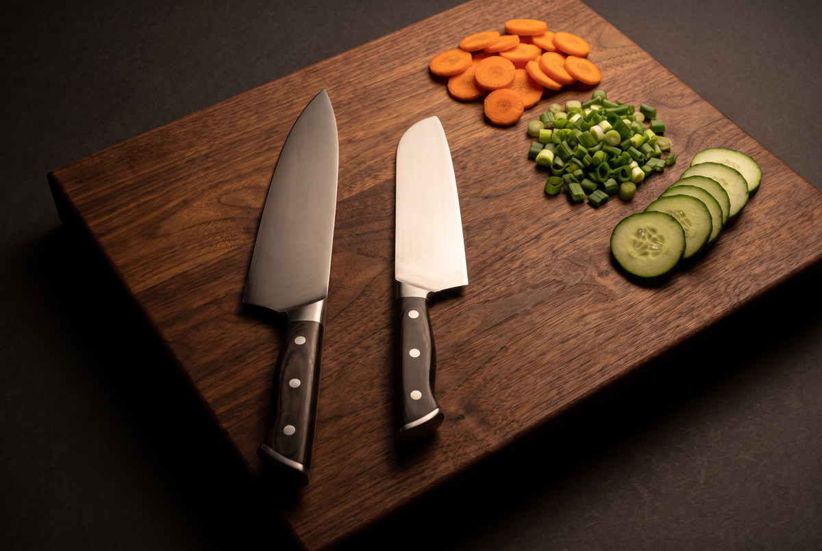 Chef knife and santoku side by side with sliced vegetables