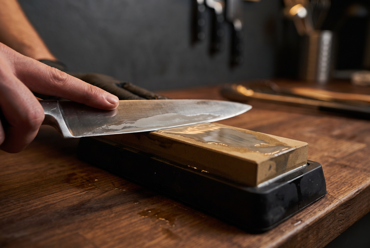 Sharpening a chef knife on a wet whetstone