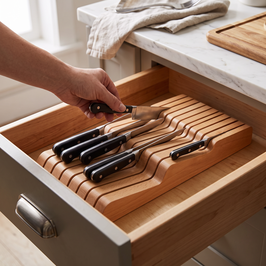 In-Drawer Knife Organizer - Beech Wood Knife Block, 9 Slots